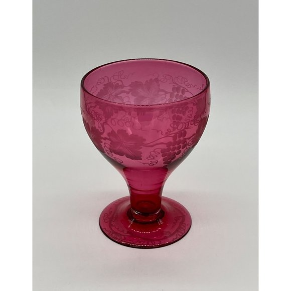Vintage Cranberry/Red Etched Crystal Grape and Vine Footed Goblet 5.5" Tall - Picture 4 of 5